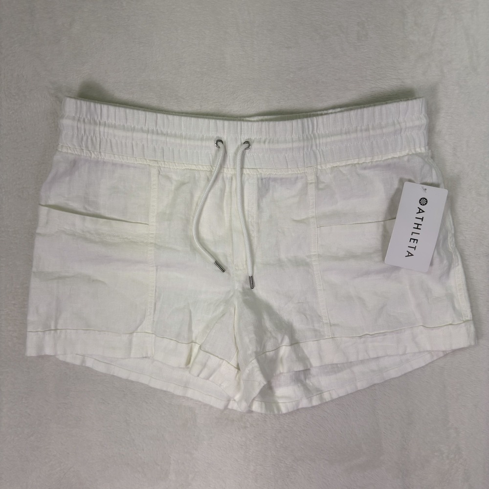 New Athleta Shorts Womens 16 White Cabo Linen‎ 4" Elastic Waist Drawstring